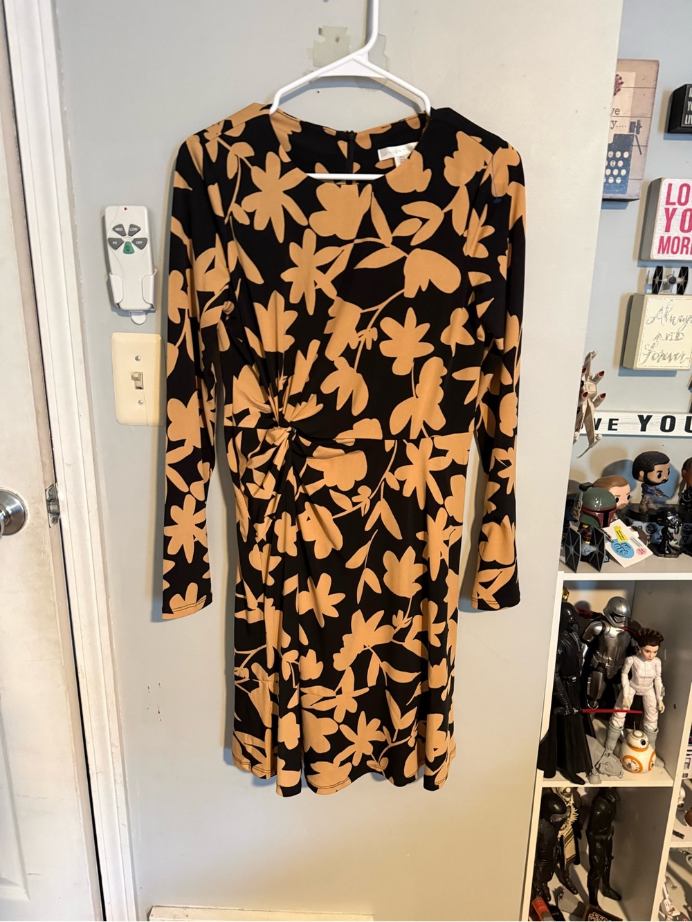 London Times Black Dress with Tan Floral Print and Side Knot